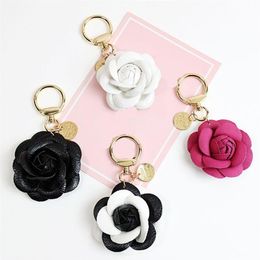 Camellia Flower Keyrings Bag Charms PU Leather Pendant Car Key Chains Accessories Black White Rose Red Jewelry Keychains Rings Hol221x