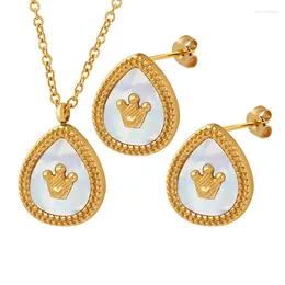 Pendant Necklaces Stainless Steel Women's Jewellery Set Water Drop Crown Pattern Earrings Gold Plated Chain Non Fading Accessories