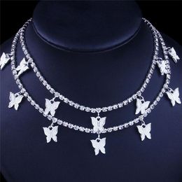 Butterfly Choker Necklaces Gold Silver 2 Layers Designer Animal Pendant Iced Out Chain Fashion Rhinestone Hip Hop Bling Jewelry Wo271H
