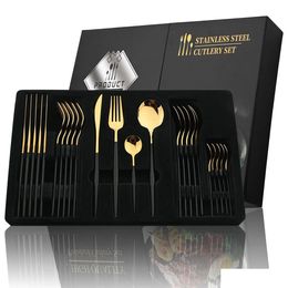 Cookware Sets 24Pcs Black Handle Golden Cutlery Set Stainless Steel Knife Fork Spoon Tableware Flatware Festival Kitchen Dinnerware Gi Dhowy