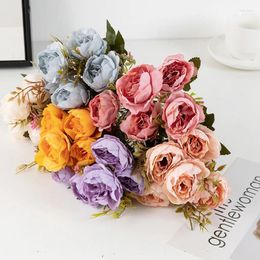 Decorative Flowers Simulation Peony 5 Heads Artificial Rose Bouquet Home Living Room Dining Table Wedding Decoration Fake Silk Flower