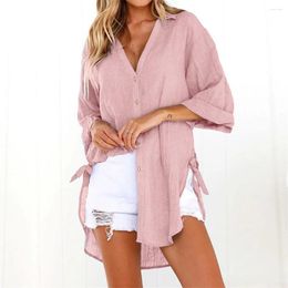 Women's Blouses Ladies Cotton Linen Shirts Vintage Elegant Social Solid Color Long Tops Lapel Button-up Cardigan And Streetwear