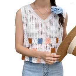 Women's Blouses Hollow Out Top Women Embroidery Lattice Pattern Crochet Sleeveless Vintage Seaside Knitted V Neck Vest N7YD