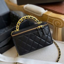 22K Womens Woven Top Metal HandleTote Vanity Box Bags With Mirror Gold Hardware Matelasse Chain Crossbody Shoulder Cosmetic Case C187f