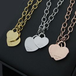 Europe America Fashion Lady WomenTitanium steel Lettering T Letter 18K Plated Gold Thick Necklaces With Double Hearts Pendant 3 Co176y