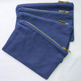 6x9in blank 12oz navy cotton canvas makeup bag with gold metal zip gold lining solid navy blue canvas cosmetic bag factory in stoc313c