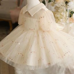 Girl Dresses Simple Elegant Girls Birthday Party Dress Lapel Puff Sleeve Flower Bow Ball Gown Kids Junior Bridesmaid