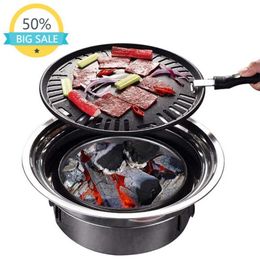 BBQ Charcoal Grill Portable Household Korean Round Carbon Barbecue Camping Stove for Outdoor Indoor and Picnic 210724271I