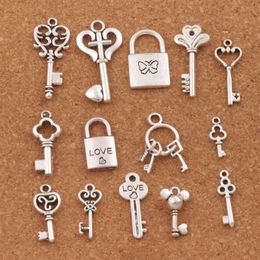 140pcs lot mix Love Key Locket Charm Beads Antique Silver Pendant Jewelry DIY LM47 14styles229T