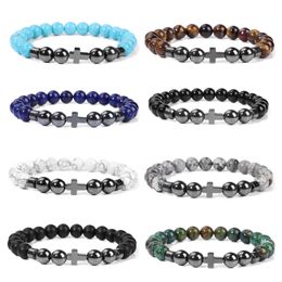 Natural Hematite Cross Lapis Tiger Eye Stone Beads Women Men Cross Bracelets