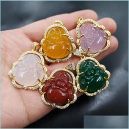 Pendant Necklaces Green Jade Buddha Pendant 925 Sier Plated Bright Gold Chalcedony Maitreya White Agate Pendants Without Drop Delivery Dho12