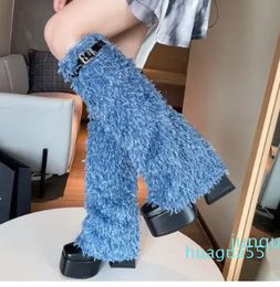 Design Metal Belt Buckle Tall Fur Square Toe Block Super High Sleeve Fashion Plus