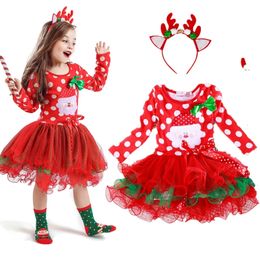 Girl's Dresses Polka Dots Baby Girl Christmas Santa Dress Cartoon Snowman Print Tutu Red Long Sleeves Toddler Xmas Party Dress Year Costume 231204