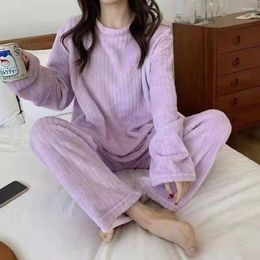 Women's Sleepwear Winter Women Pajamas Set Solid Fleece Velvet 2 Piece Pant Home Suit Fluffy Korean Casual Warm Sleep Night Wear