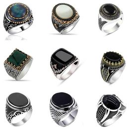 30 Styles Vintage Handmade Turkish Signet Ring for Men Women Ancient Silver Colour Black Onyx Stone Punk Rings Religious Jewelry2423