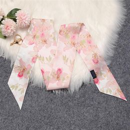 Scarves 100% Mulberry Silk Twill Pink Scarf For Handbag Purse-Small Fashion Ribbon Neckerchief Women Hair Floral Print264r