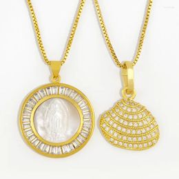 Pendant Necklaces Round Shiny CZ Shell Virgin Mary Necklace Men Gold Plated Crystal Conch Choker Zirconia Statement Jewellery For Women Gift