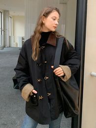 Women's Trench Coats 2023 Fall/Winter French Vintage Corduroy Metal Buckle Panel Design Sense Cotton Jacket Checked Coat