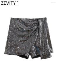Women's Shorts ZEVITY Women Fashion Silver Sequined Colour Pleats Slim Mini Skirt Lady Side Zipper Chic Pantalone Cortos QUN5678