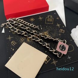 Plated Brass Copper Pendant Necklace Fashion Women C-Letter Pink Square Necklaces Choker Chain Leather Silver Wedding Jewelry Love Gifts