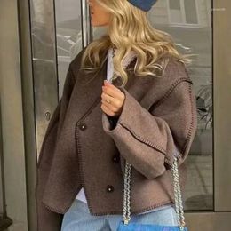 Women's Jackets Fashion V-neck Asymmetrical Coat 2023 Autumn Winter Long Sleeve Solid Brown Short Woollen Coats Outerwear