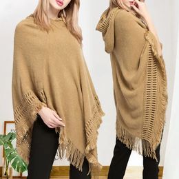 Scarves WeHello Ethnic Style Pullover Hooded Cape Large Shawl Spring and Autumn Hollow Tassel Size MM Loose Slim Knit 231204