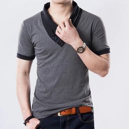 Men's Suits A2599 Slim Short Sleeve Patchwork V Neck Cotton Black T Shirt Men Button Tops & Tees