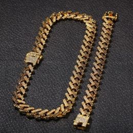 Mens 15MM Miami Cuban Link Chain Necklace Bracelets Set For Women Bling iced out diamond Gold Silver Thick Heavy chains Hip Hop Je332L