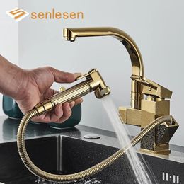 Kitchen Faucets Senlesen Luxury Faucet Golden Brass Bathroom Sink Tap Deck Mounted Pull Out Sprayer Led Spout Cold Water Mixer Crane 231204