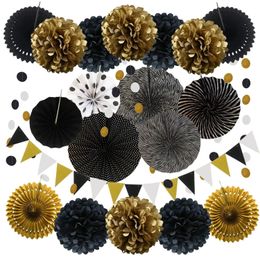The Lable Paper Halloween Decoration Supplies Black Pom Poms Flowers Fan Ball Triangle Streamer Wedding Baby Shower Happy Birthday Party 231205