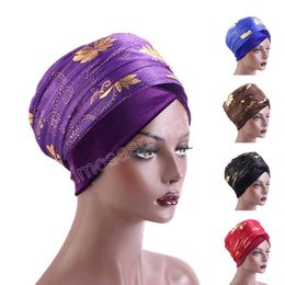 New Women Bronzing print mesh Head Scarf Plain Velvet Hijab Turban Caps Long Tail African Wraps Cap Bonnet Turbante Mujer