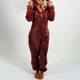 Women's Sleepwear Women's Plush Romper Autumn Winter Flannel Pyjamas Long-Sleeve Zipper High Neck Hat Keep Warm Girl's Clothes Sleepwear Homewear 231205