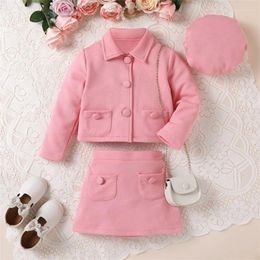 Clothing Sets CitgeeAutumn Kids Girls Outfits Pink Long Sleeve Lapel Coat Button Skirt Beret Spring Clothes Set