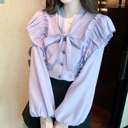 Women's Blouses Fashion All-match Solid Color V-Neck Lace Up Blouse For Female Autumn Korean Loose Long Sleeve Chiffon Shirt Clothing