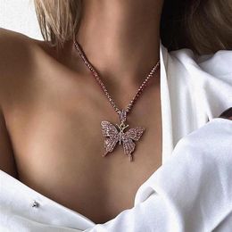 Luxurious Full Crystal Butterfly Necklace Woman Pendants Jewellery Neck Chain Hip Hop Punk Charm Black Rose Gold Pendant Necklaces200q