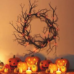 Decorative Flowers Wreaths Halloween Deadwood Wreath Simulation Black Branch with Red LED Light 43CM for Doors Flower Garland Decoration 231205