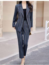 Women's Two Piece Pants Vintage Striped Women Suit Sets Spring Autumn Full Sleeve Blazer JacketPants Senior Formal Pantsuits For Business Female 231204