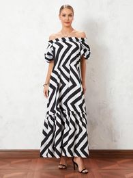 Casual Dresses Women's Off Shoulder Long Dress Bohemian Puff Sleeve Wavy Striped Print Flowy Summer Vacation