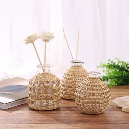 Vases 1PC Handmade Woven Rattan Glass Vase For Flower Arrangement Ornaments DIY Home Living Room Desktop Decoration296K