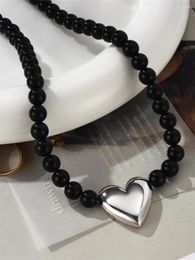 Chains French Black Agate Silver Colour Love Necklace For Women's Light Luxury Niche Ins All-Match Peach Heart Charm Pendant Jewellery