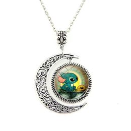 Vintage Turtle Time Gem Stitch Necklace Sterling Silver Moon Pendant Charm Crescent Necklace Cartoon Jewellery Gift