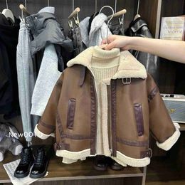 Down Coat Thicked Children's Velvet Leather Jacket 2023 Winter New Boys Girls Warm Cotton Coat Fashion Kids Baby Motorcycle Pu Outerwear Q231205
