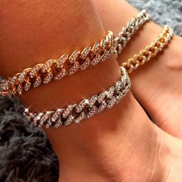 2021 Punk Miami Iced Out Cuban Link Chain Anklet For Women Gold Silver Colour Crystal Bracelets Alloy Chunky Anklets Jewellery Gift303o