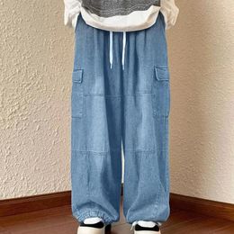 Men's Pants Cargo Jeans Versatile Oversized Elastic Waist Drawstring Multiple Pockets Baggy Denim Trousers For Men Women Solid