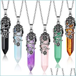 Pendant Necklaces Crystal Necklace Women Men Jewelry Healing Crystals Amethyst Rose Quartz Bead Chakra Point Natural Stone Pendants Dhkvd