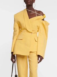 Women's Two Piece Pants 2023 Autumn Temperament Foot Shoulder Design Is Asymmetric Waist Slim Suit Fashion Straps Jacket