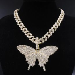 Big size Butterfly pendant charm 12mm bubble miami curb cuban chain hip hop necklace rapper gift rock men women Jewellery golden2872