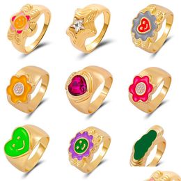 Band Rings Ins For Girls Vintage Love Heart Yin Yang Flower Ring Gold Plated Enamel Party Couple Gift Jewelry Drop Delivery Dhchi