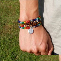 Chain Link Bracelets Nartrual 108 Mala Tiger Eyes Stone 7 Chakra Energy Yoga Bracelet For Men And Woman Drop Delivery Jewelry Dhgr2