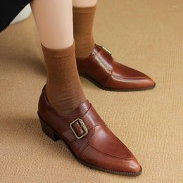 Dress Shoes EAGSITY Luxulry Cow Leather Retro Brown Lace Up Oxford Pointed Toe Chunky Heel Women Pumps Party Dancing Wedding